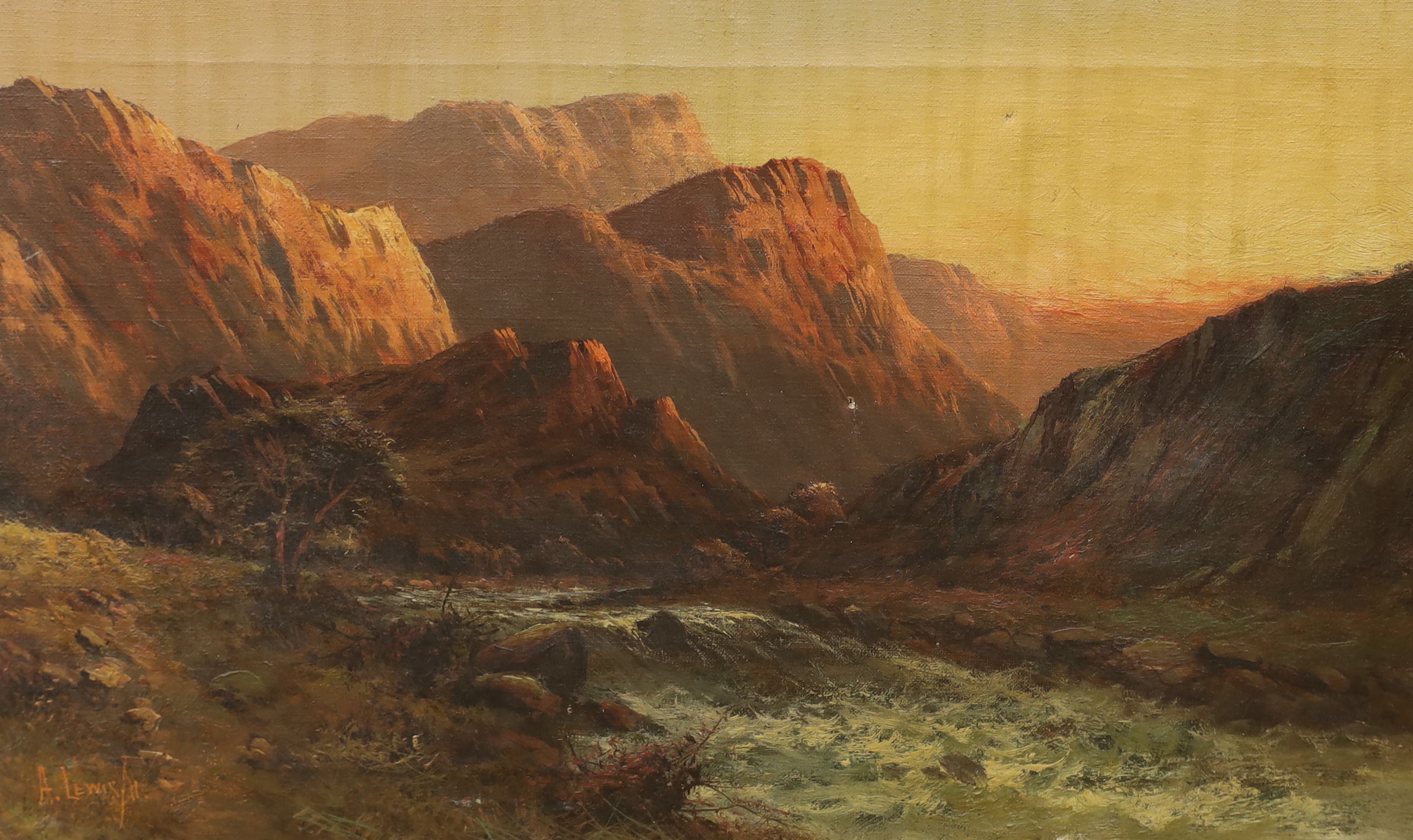 A. Lewis (19/20th C.), oil on canvas, Mountainous river landscape, signed, Windsor & Newton stamp verso, unframed, 30 x 50cm